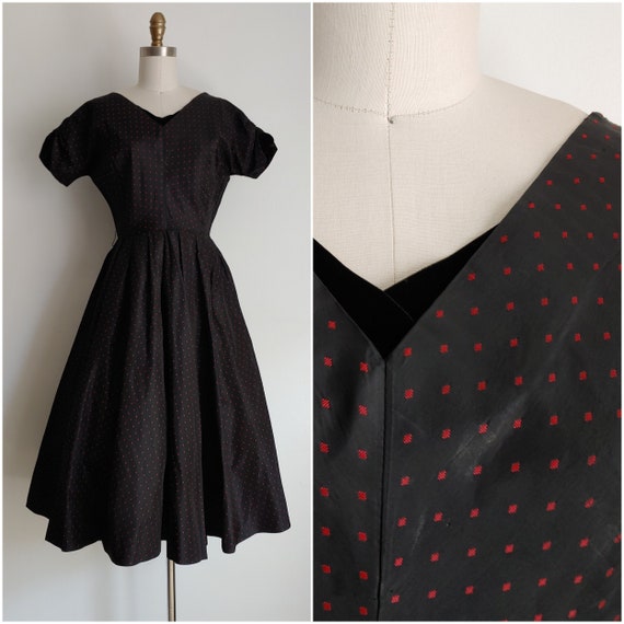 vintage 1950s black and red fit and flare tafetta