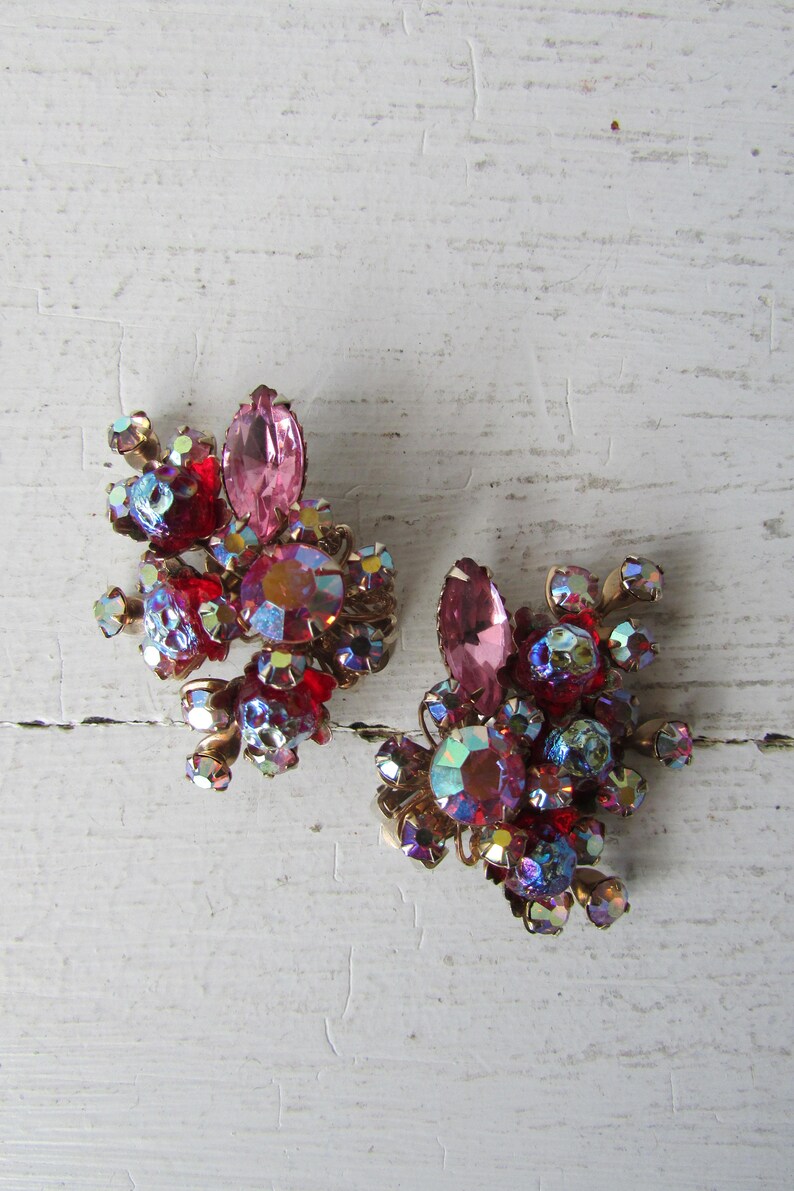 aurora borealis clip on earrings rhinestone earrings vintage jewelry vintage earrings Ina/'s Earrings jewellery 50/'s earrings