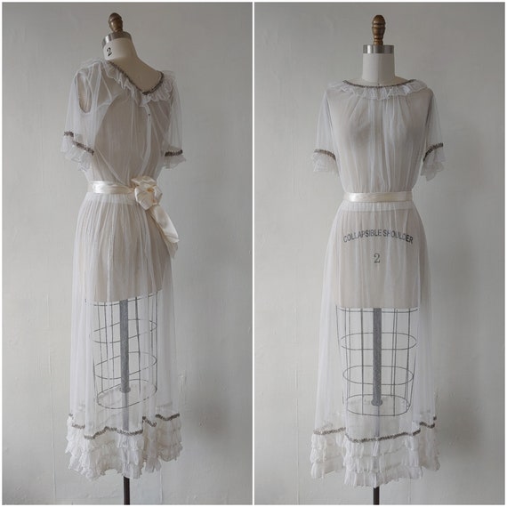 vintage 1930s sheer white netting dress with ruffl