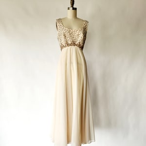 vintage 1960&#39;s beaded and chiffon empire waist evening gown / dress