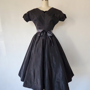 Vintage 1950&#39;s mid-century black and tiny red polka dot fit and flare skirt party dress - small - mother&#39;s day gift