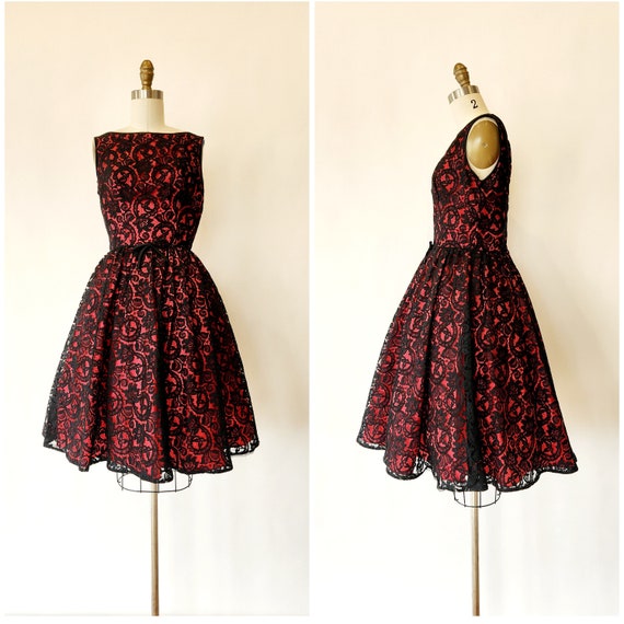 vintage 1950s red satin and black lace fit and fl… - image 1