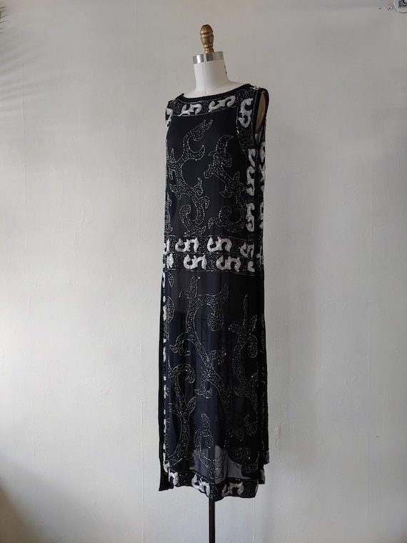 Antique Beaded 1920s Flapper Dress - Black Silk Chiffon, Medium