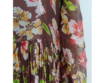 1930s autumn brown floral print silk chiffon dress