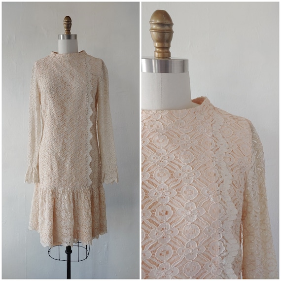 vintage 1960s beige lace dress - 1960s beige lace