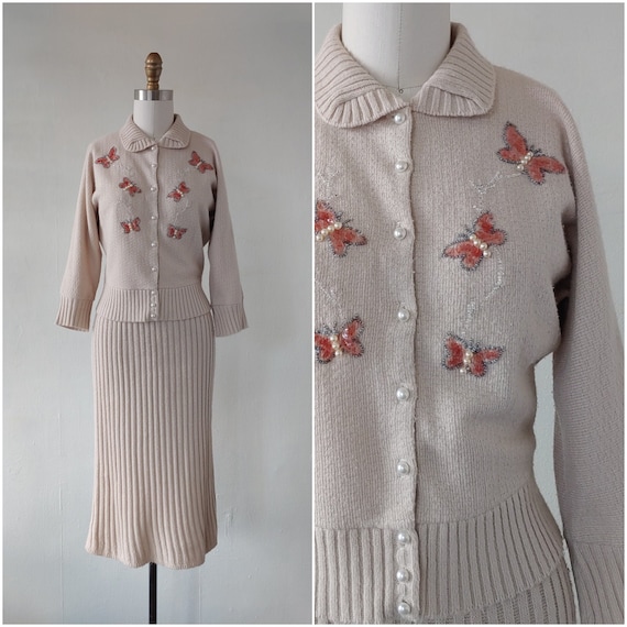1950s knit set - vintage 1950s beige knit sequin s