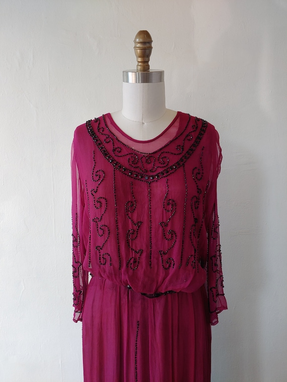 Rare Antique 1920s Black Beaded Magenta Silk Chiffon Flapper Dress