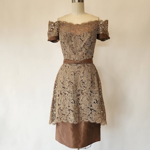 vintage 1960s bronze lace and satin cocktial party dress / terry - allen