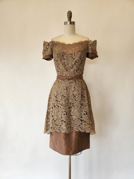Vintage 1960s Bronze Lace and Satin Cocktial Party Dress / Terry - Allen -  Etsy