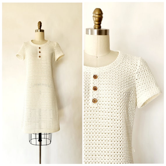 vintage 1960's mid-century white knit dress - sma… - image 1