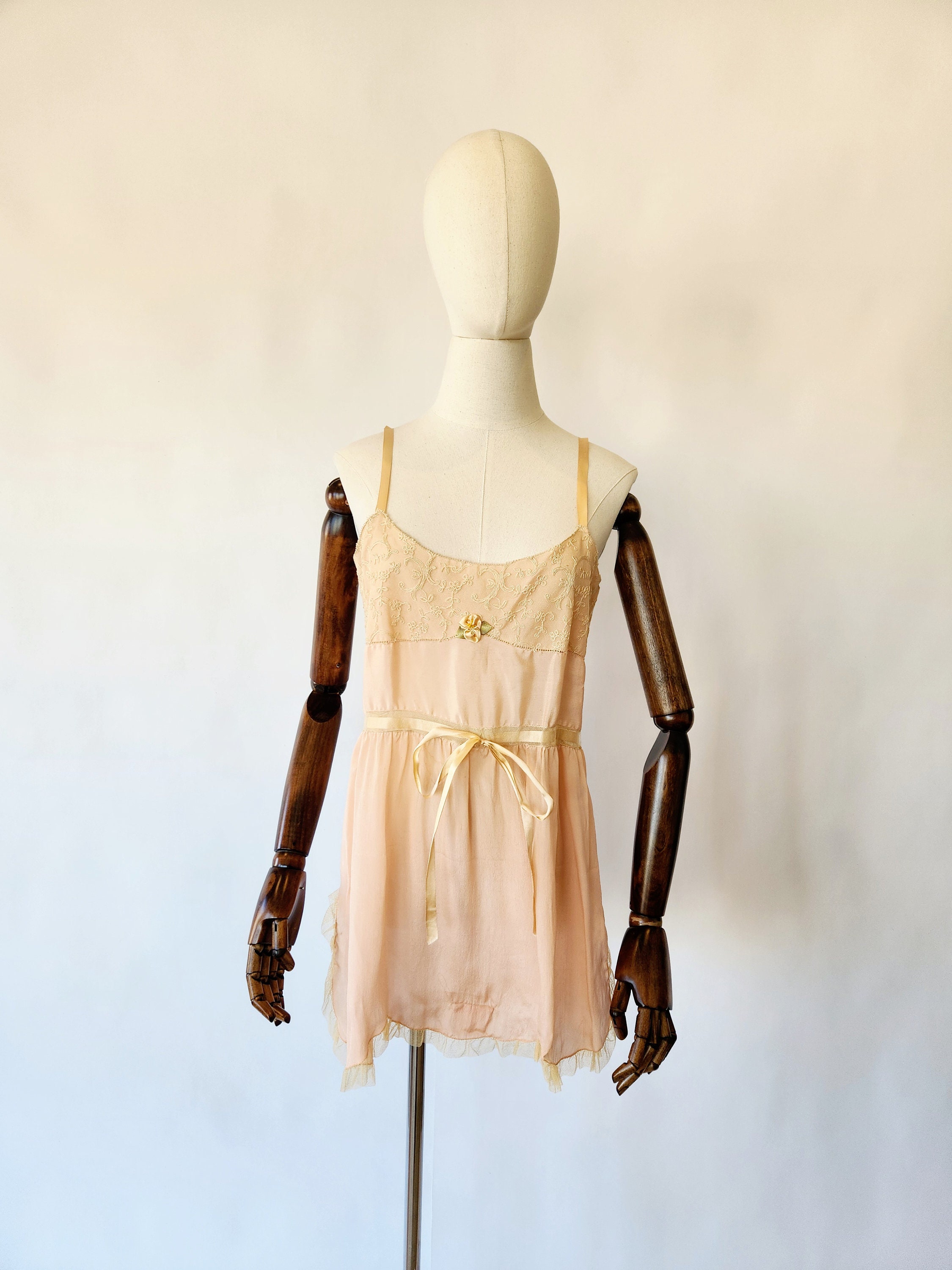 antique 1920's pink silk and embroidered step-in with ribbon original vintage 20s lingerie - twenties lingerie - gift for her