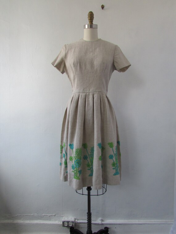 vintage 1960s floral embroidery linen day dress
