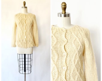 vintage mid century 1950's - 1960's cream hand knit wool women's cardigan sweater - small - medium