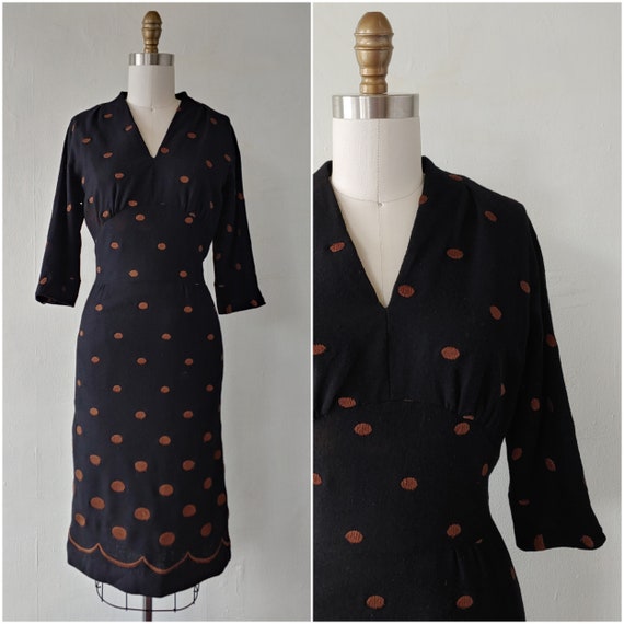 vintage 1940s black and brown knit dress - small