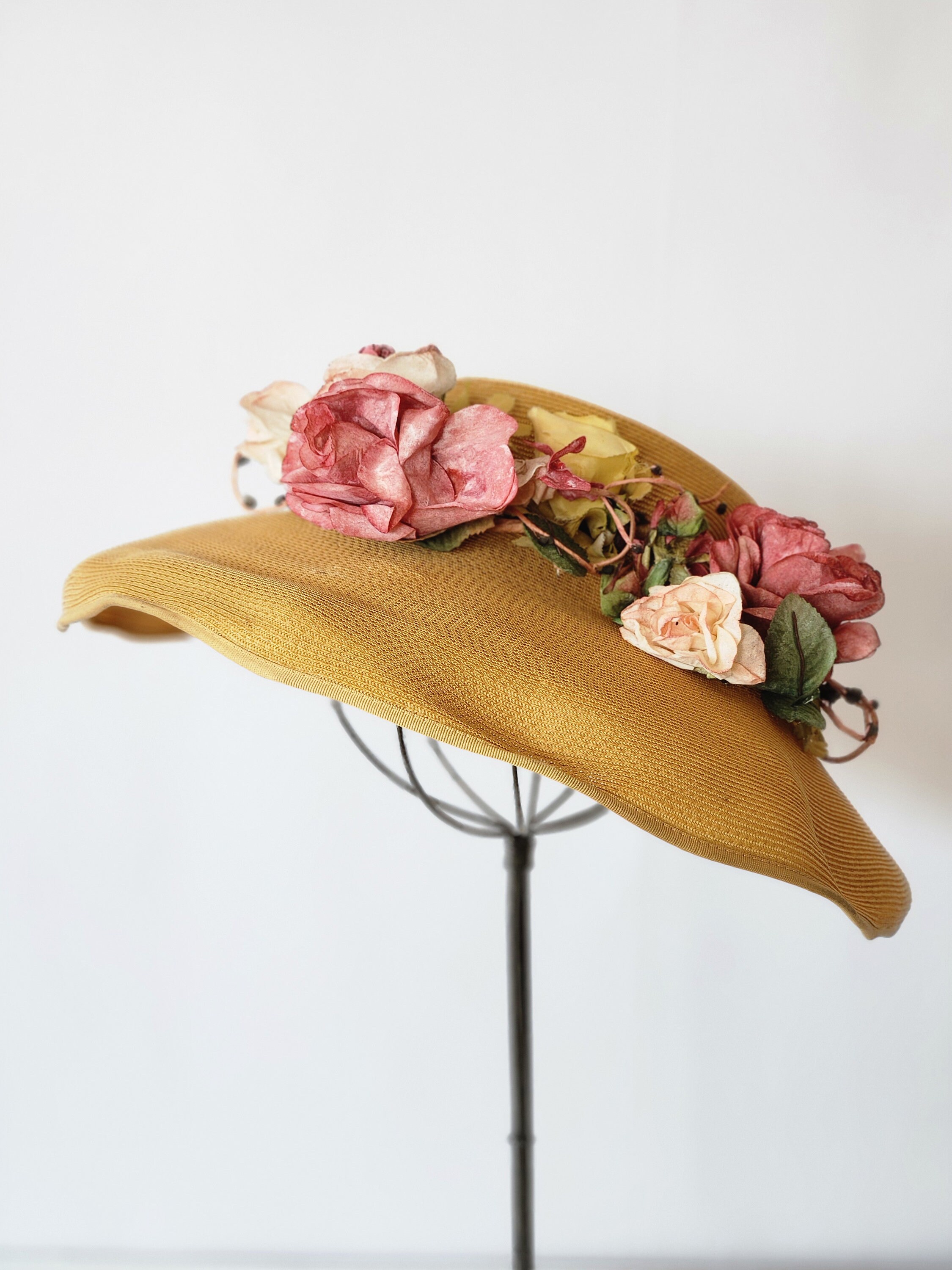 Vintage floral large brimTan Hat with trim (see pictures) 1950s Floral Wide Brim Hat - Etsy main image 3