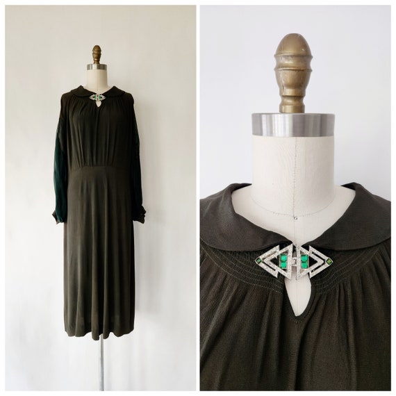 antique 1920s forest green crepe silk dress - med… - image 1