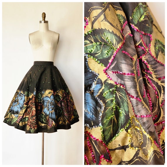 1950s Sequin Mexican Circle Skirt with Hand Paint… - image 1