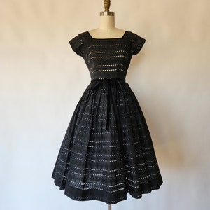 Vintage 1950s Black Eyelet Dress: Fit & Flare Pleated Skirt, Velvet Trim