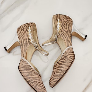 1930&#39;s shoes - antique golden bisque, brown, and silver animal print pumps - vintage 1920s / 1930s heels - | US size 6.5 | euro 37 | uk 4