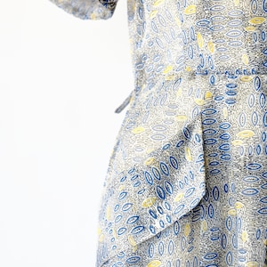 vintage 1940&#39;s black, blue, yellow and white sheer dress with white round rhinestone buttons - small