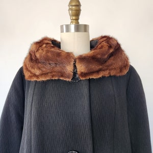 vintage black coat - vintage 1950s black coat with brown mink fur collar - large - vintage black coat - x large