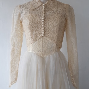 1950s wedding dress - vintage 50s lace, satin and tulle tea length wedding dress with bolero jacket - vintage wedding dress