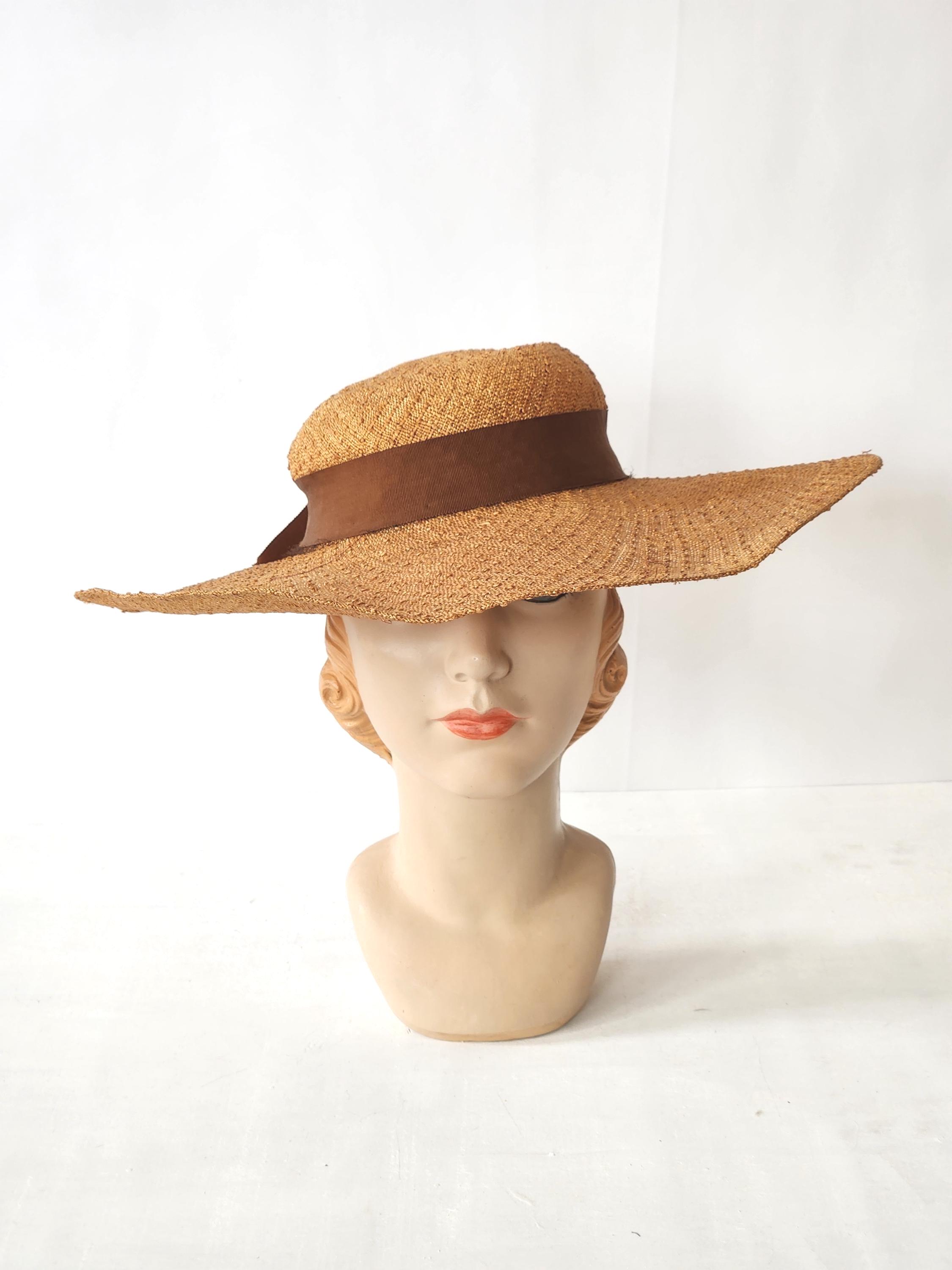 ELEGANT 1940s\' BROWN STRAW WIDE BRIM HAT WITH FABRIC FLOWERS & GROSGRAIN BANDS Elegance in Shade - Vintage 1930s 1940s Natural Straw Wide  main image 2