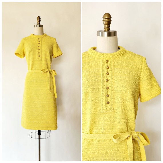 vintage 1960's mid-century sunshine yellow knit d… - image 1