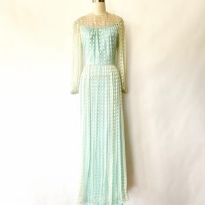 vintage 1970s Richilene seafoam blue, green and silver formal bohemian sheer silk midi / maxi dress - medium to large
