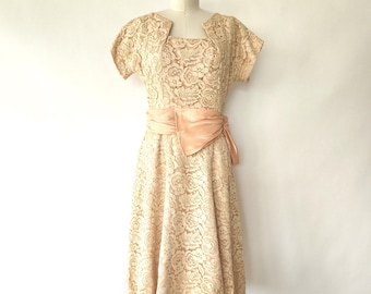 Vintage 1950s Formal Lace Party Dress with Satin Bow - Medium