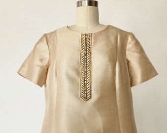 vintage jaren 60 gouden kralen mod-jurk jaren 60 gouden zijde en wol mod jurk jaren 60 gouden mod mini-jurk - medium