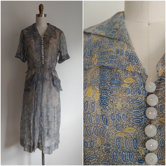 vintage 1940s blue and yellow sheer dress - medium
