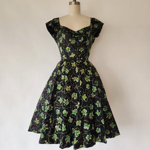 vintage 1950s black and green floral fit and flare party dress - small