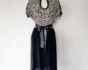 vintage 1940er soutache, perlen und strass schwarz und creme kleid - groß