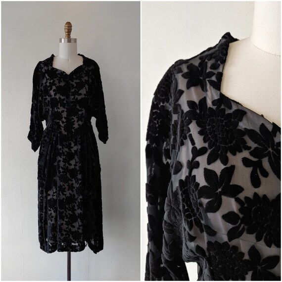 1990s black velvet dress - 1990s black floral burn