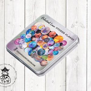 Celestial Love Sticker Flakes In a Tin Can | Planets Zodiac Moon Phases Die Cut Stickers