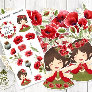 Poppy Pixie Stickers and Die Cut | Red Poppies Stickers | Spring Stickers