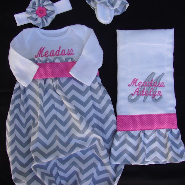 Personalized Newborn/ Infant Chevron Take Me Home Gown with Matching Headband, Burp Cloth & ruffled socks (Gray and Pink Color)
