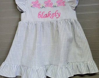 Girls Blue Seersucker Easter Dress/ Boys Easter longall or shortall