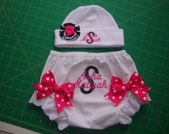 Infant Girls Personalized Diaper Cover / Bloomers and hat set