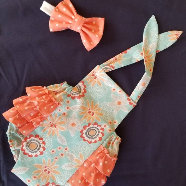 Infant, Toddler, Girls Ruffled Sunsuit / Romper in Aqua floral print and salmon ruffles With option to PERSONALIZE