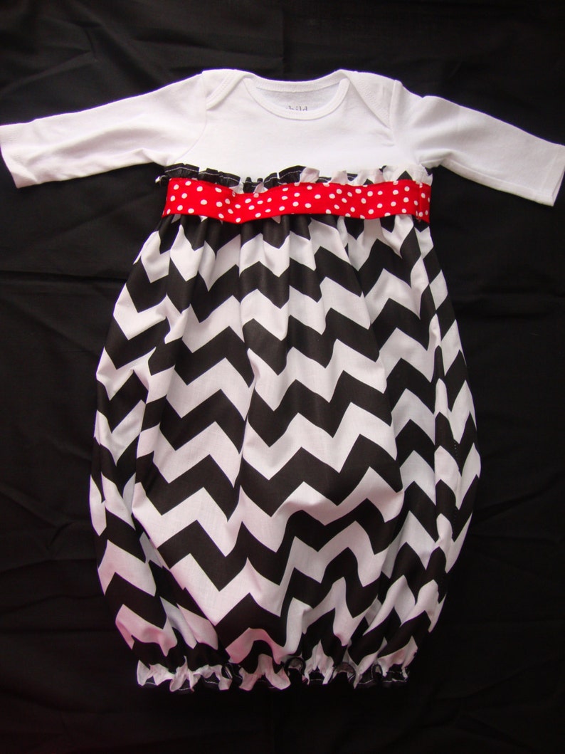 Newborn/ Infant Chevron Take Me Home Gown with Matching Headband in Black and Red image 3