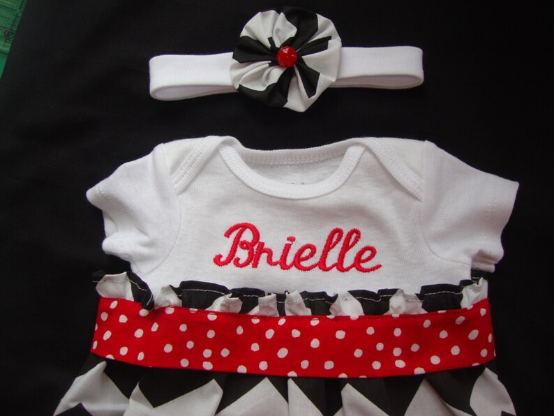 Newborn/ Infant Chevron Take Me Home Gown with Matching Headband in Black and Red image 2