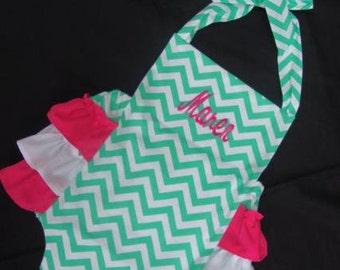 Infant, Toddler, Girls Ruffled Sunsuit / Romper in Aqua Green Chevron and Pink and White Ruffles With option to PERSONALIZE