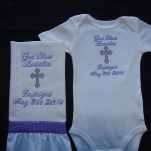 Personalized/ Monogrammed / Embroidered Baby Girl Baptism Outfit -  Onesie and Burp Cloth
