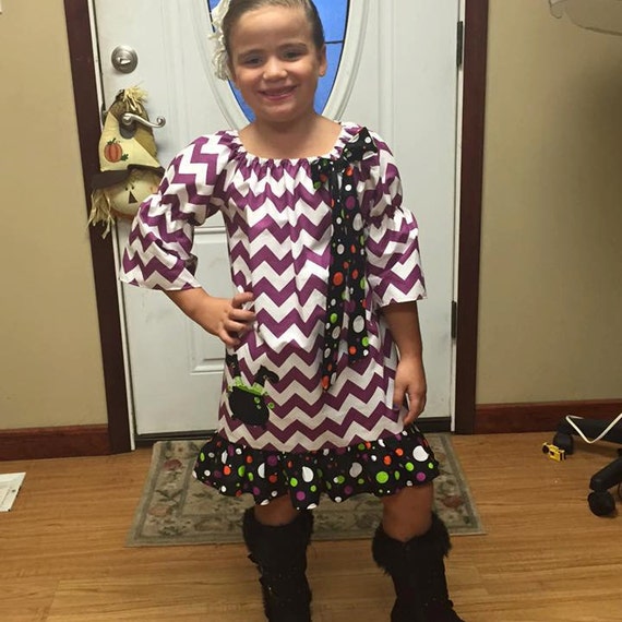 purple and white chevron dress Girls Halloween Peasant Dress- Purple Chevron Witch Dress