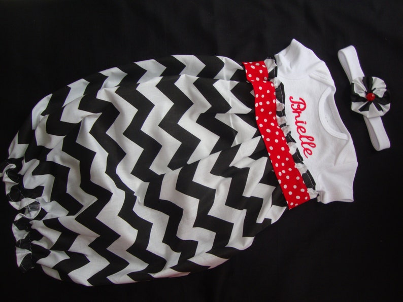 Newborn/ Infant Chevron Take Me Home Gown with Matching Headband in Black and Red image 1