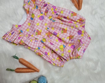 6 Month Infant Romper/ Easter romper/  Pink check Baby Romper/ Easter photo outfit