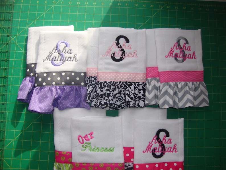 Set of 2 Ruffled, Personalized Baby Burp Clothes, Baby Shower Gift image 1