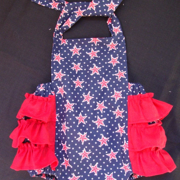 Patriotic, July 4th, Infant, Toddler, Girls Ruffled Sunsuit / Romper in Navy Blue with Red Stars and Red Ruffles With option to PERSONALIZE